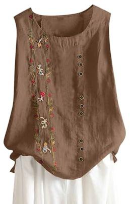 Blusa de lino para mujer, tallas grandes, bordado, botones, camiseta elegante, algodón y lino, sin mangas, muselina, blusa sin mangas, camiseta de verano, camiseta de tirantes para mujer, café, XL