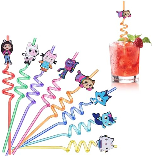 KEWUF Paille Enfant, 8 Pièce Pailles Reutilisable, Straws Plastique Colorées, Pailles Spirales de Dessins Animés pour Fêtes Anniversaire Enfants