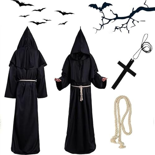 Ayucanpeng Disfraz de Monje Halloween,Túnica Medieval Renacentista,con Cruz y Capucha, disfraz de monje de sacerdote, Halloween Adulto para Fiestas Carnaval (L)