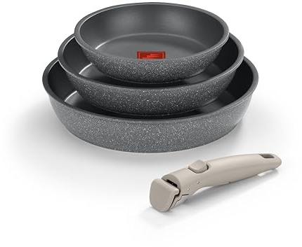 Monix One Click Pietra | Set 3 sartenes apilables, 20-24-26 cm, Antiadherentes, Mango desmontable, Indicador Temperatura Thermonix, Sin PFOA, Apta para todo tipo de Cocinas
