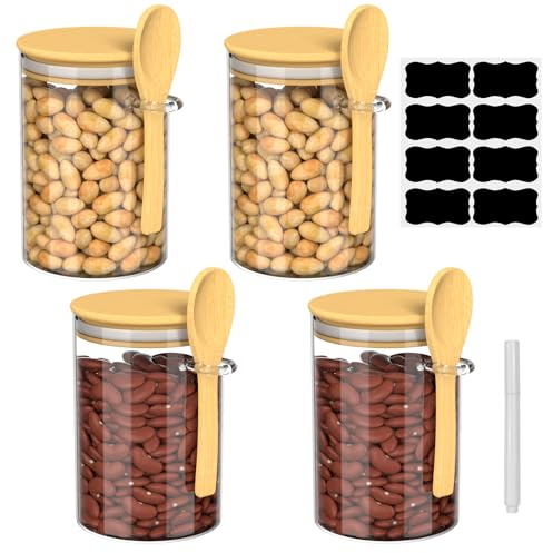 Crynvor Set di 4 Barattoli di Vetro con Coperchio e Cucchiaio, Contenitori Spezie, Barattolo Porta Pasta per Cucina Vetro, Contenitore per Alimenti Tè Caffè, Spaghetti, Cereali, Farina e Zucchero