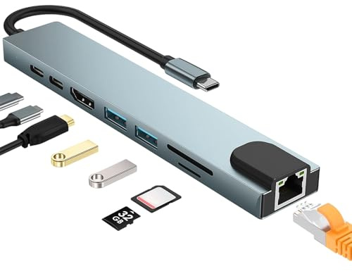 Hub USB C 8 en 1 Concentrador USB C Ethernet con HDMI 4K Adaptador Tipo C Multiport 5Gbps Adaptador Ethernet a USB C PD 100W USB 2.0/3.0 Lector SD/TF Compatible con iPhone 17 16 MacBook Galaxy S26
