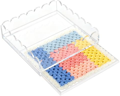 Acrylic Trays for Needlepoint 4 x 4, Scalloped Acrylic Tray with Drawer for Insert Needlepoint, Photos, Art, Fabric, Napkin, Messages Display Basket, Decorative Tray Gift for Home Office