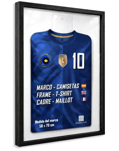 Marco para Camisetas de fútbol 58x78 cm con Soporte de Metacrilato – Expositor de Camiseta deportiva, Cuadro Decorativo de Pared, Acabado Profesional, Fácil Montaje – Marco Negro con Fondo Blanco