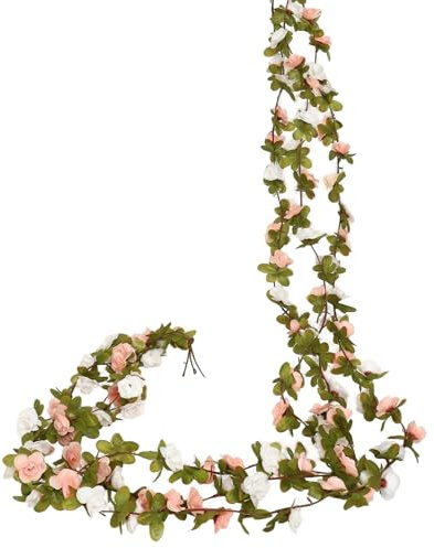 MUYAPAY 3 Piezas Guirnalda Flores 2,45m Flor Color Simulado Flores Artificiales Decoracion Ambiente Atmosférico Enredaderas Artificiales Decorativas para Decorar Paredes Puertas Ventana(Blanco y Rosa)