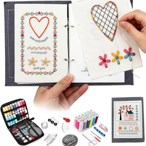 GAESHOW Embroidery Stitch Book, Libro de Puntadas de Bordado Desmontable, Juego de Libros de Bordado PortáTil con Kit de Costura, para Adultos, Principiantes, Amantes de Las Manualidades