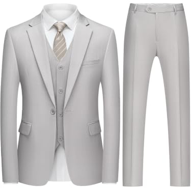QUELDRA Men's Suits 3 Piece Slim Fit 1 Button Business Formal Light Grey