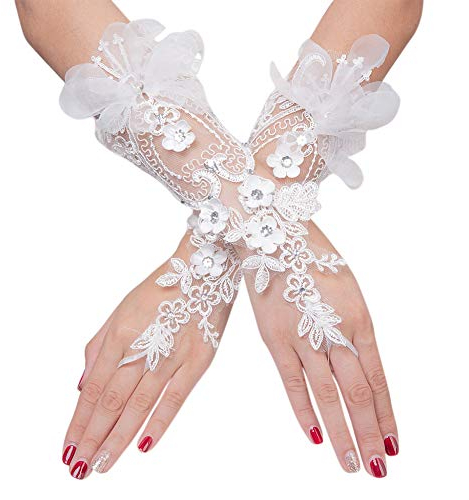 RARITYUS Elegante Satin-Spitzenhandschuhe, lang, Brauthandschuhe für Braut, Blumenmädchen, Frauen, Hochzeit, Abschlussball, Party, Weiss/opulenter Garten, Einheitsgröße