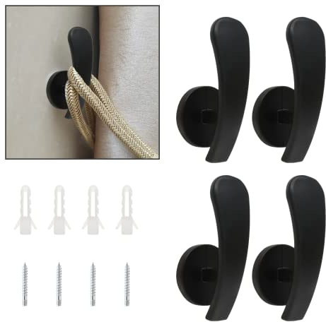 Rierdge 4 Pack Black Curtain Tieback Hooks, Curtain Holdback Holders for Wall Mounted, Decorative Hooks Drapery Tiebacks with Screws (4 Pack Black)