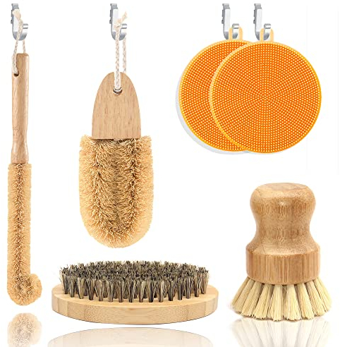 Kit di spazzole per la pulizia della cucina, set di spazzole ecologiche, spazzola per bottiglie in legno, spazzola per pentole e padelle in legno spazzola per lavare i piatti