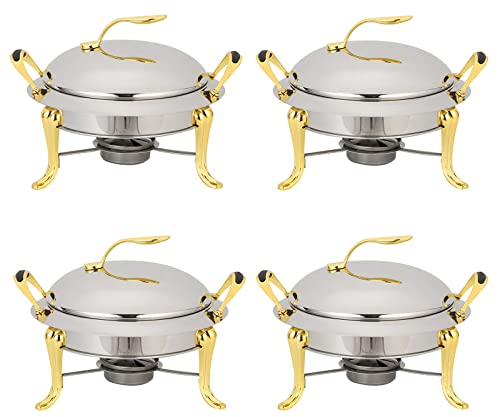 3L Set di Chafing Dish, Dimensione reale Acciaio Inox Server Credenza con pentole, Coperchio e Supporto Combustibile per Matrimonio Festa di Catering Riscaldatori Piatti Cena Oro,4 Pack