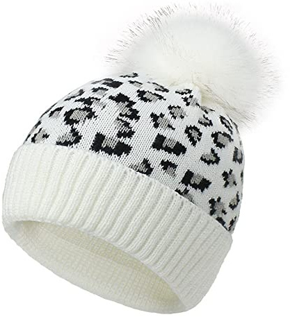 LUMoony 1 st leopardmönster vintermössa med pom pom stickad mössa mössa mössa vinter stickad mössa slouch mössa mössa mössa stickad mössa för damer flickor vintermössa