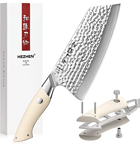 HEZHEN 18,7CM Acciaio di Damasco Coltello da Mannaia, Coltello da Cuoco Cinese, Coltello da Carne Mannaie per Verdure Macellaio Tritatutto, Manico in G10 Bianco Avorio