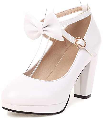 Bviennic Femmes Mariage Mary Janes Talons Chunky Escarpins Bows Closed Bout Rond Elegant Plateforme Bride Cheville Fête Prom Chaussures Blanc Taille 36 EU
