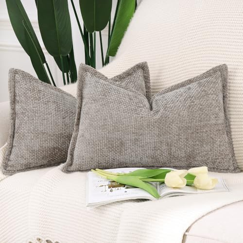 Madizz 2er Set Chenille Samt mit Rand Kissenbezüge Weiche Dekorativ Zierkissenbezüge Modern Kissenhülle für Sofa Wohnzimmer Schlafzimmer Taupe 30x50 cm