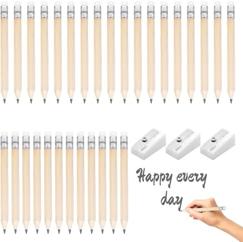 Mini Golf Pencils Set - 30 HB Wooden Pencils with Rubbers for Toddlers, Kids, School, Office, Classroom, Bridal Wedding - Includes 3 Sharpeners