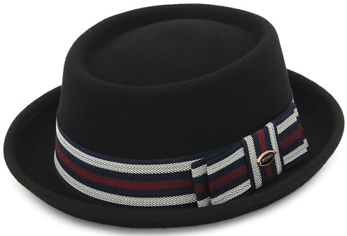 GEMVIE Pork Pie Cappello per Uomo Donna 100% Feltro di Lana Fedora Trilby Cappello Nero Adulto Unisex Porkpie Cappelli,Fascia Nera+Strisce,Taglia Unica