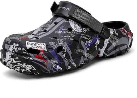 FLIOZY Herren Clogs im Tarnmuster – Leichte Wasserschuhe mit Verstellbarem Fersenriemen – Atmungsaktive Garten- und Outdoor-Gummischuhe für Strand, Pool, Garten und Sommerwanderungen Black 42