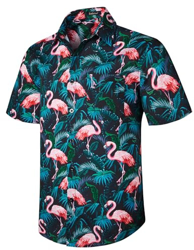 Enlision Hawaiian Shirt for Men Funky Short Sleeve Casual Button Down Summer Aloha Hawaii Shirt Beach Holiday Flowers Palm Tree Print Shirts Unisex Flamingo/Black/Green 2XL