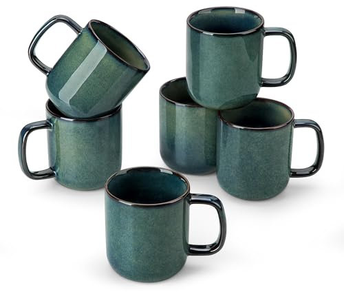 vancasso Lot de 6 Tasses à Café en Grès - 360ml - Ensemble de Mugs avec Anse pour Thé, Café, Lait, Cappuccino - Résistant au Lave-vaisselle et Micro-ondes - Vert à Émail Réactif