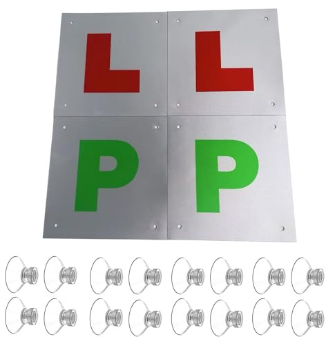 Magnetic L Plates for Car UK, Magnetic P Plates for Car UK,Learner Plates Magnetic with 16 Suction Cups,Night Reflective Material,Reusable,Waterproof,Easy Installation(4 Pack）