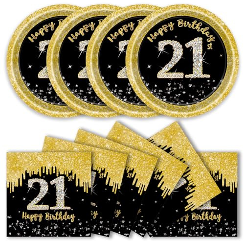 50 Pcs 21st Birthday Paper Plates and Napkins Party Supplies, Black Gold 21th Party Plates and Napkins Tableware Set for Men Women Anniversary 21st Birthday Decorations