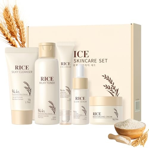 Reis Gesichtspflege Skincare Set 5PCS,Rice Hautpflegeset für Damen,Feuchtigkeitsspendendes Beauty Set Frauen mit Niacinamide & Alpha Arbutin,für elastische & glatte Haut,Rituals Geschenkset Frauen