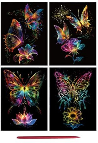Peinture à gratter – Art phosphorescent – Lot de 4 feuilles de papier à gratter avec stylo | Cartes créatives amusantes pour, adolescents, adultes, baleine, papillon, oiseaux, 21 x 28,5 cm
