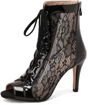 YCALCP Bottines de Danse Latine Femme Lacets en Mesh Bout Ouvert Chaussures de Danse de Salon Talons Hauts,7CM,Noir,44EU