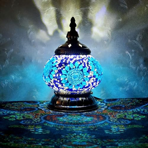 Maimeili Lampada da tavolo in mosaico esotico turco con vetro decorativo in stile marocchino fatto a mano Lampada retro con luci da scrivania decorative USB Luci da letto per camera da letto