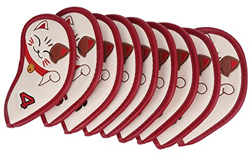 Funda para Hierro de Golf, Fundas para Cabezas de Hierro de Golf de PU con Bordado de Gato de la Fortuna, Juego de 9 Fundas para Cabezas de Palos de Golf para 4 5 6 7 8 9 P S A,