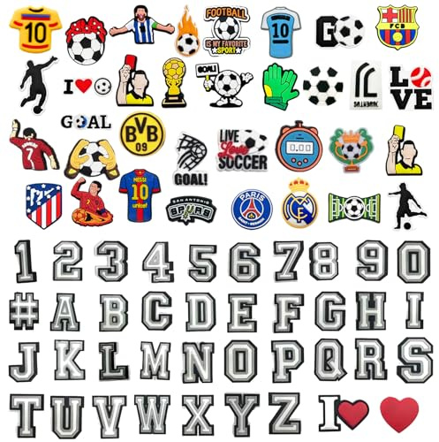 MUNSKT 70 PCS Charms Crocs Lettres de Football pour Sabots Sandales, Cadeau d'Anniversaire, Bracelet ou Favors de Fête pour Enfants, Garçons, Adolescents, Hommes