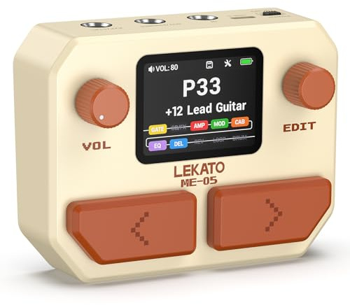LEKATO Pedal Multiefectos para Guitarra Bajo Procesador de Múltiples Efectos 10 Módulos, 99 Presets, 30 Amp/Cab Procesador de Efectos, Interfaz de audio USB OTG y BT, pantalla LCD de 2, Blanco