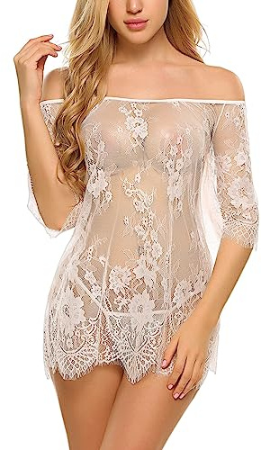 Avidlove Women Sexy Lingerie Cold Shoulder Eyelash Lace Babydoll(White,XL)