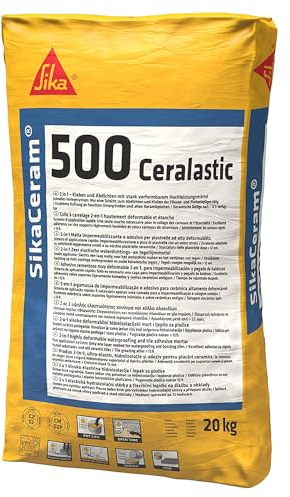 SIKA - Adhesivo cementoso rápido - SikaCeram 500 Ceralastic - Gris - Reforzado con fibras - Para impermeabilización y pegado de baldosas - 20 kg