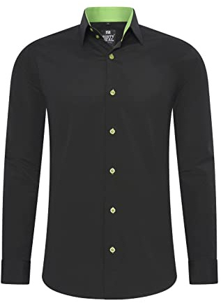 Rusty Neal-herrskjorta premium slim fit långärmad stretch kontrast skjorta affärsskjorta fritidsskjorta, Svart/grön, S