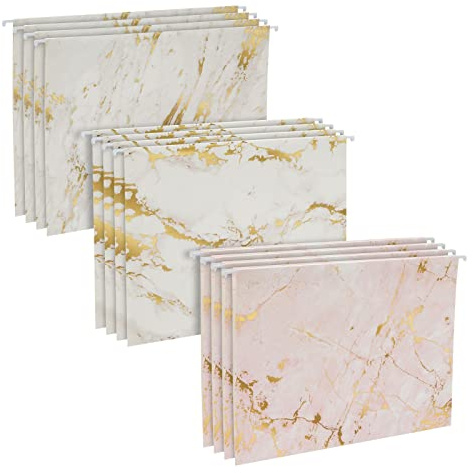 Paper Junkie Hanging File Folders - Pack of 12, Pink & White Marble - File Cabinet Organizer - Gold Foil Marble - Gold Hanging Folders - Cabinet & Drawer Fit