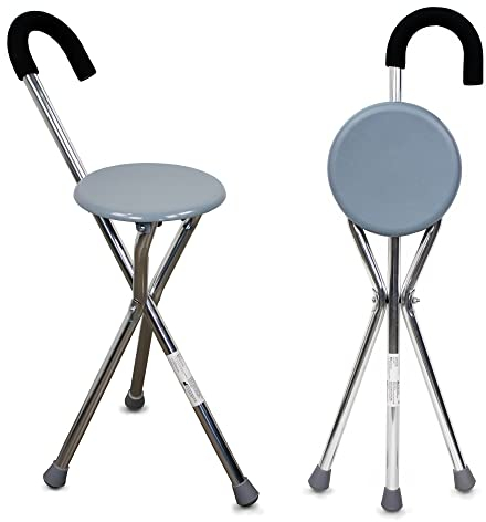 Mobiclinic, Bastone con sedile pieghevole, Gloria, 3 piedi per anziani, Tripode, Da passeggio, Sedia portatile, Alluminio, Fino a 90 kg, Impugnatura ergonomica, Grigio
