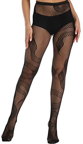 XIUSEMY Damen Sexy Strumpfhose Netzstrümpfe Gemusterte Strumpfhose Oberschenkelhoch Schwarz Socken Spitze Leggings (Schwarz-SE)