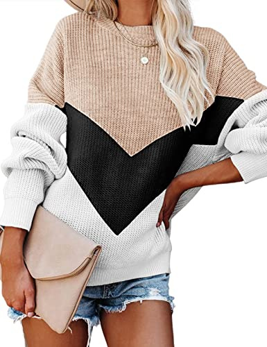 heekpek Maglione Oversize Donna Girocollo Invernale Lavorato a Maglia | Donna con Pannello a Righe V Maniche Lunghe Casual Pullover per Autunno Inverno