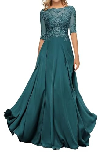 Sincemeet Abito da Madre della Sposa in Chiffon di Pizzo da Donna Abito da Sera Formale con Maniche a 3/4 Un Abito da Ballo di Linea