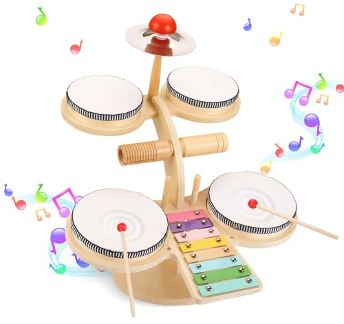 oathx Kinder Schlagzeug Kindertrommel,Baby Musikinstrumente Spielzeug für 1 Jahr ,Kleinkind Schlagzeug Kinderspielzeug,8 in 1 Holz Musikspielzeug für Kinder