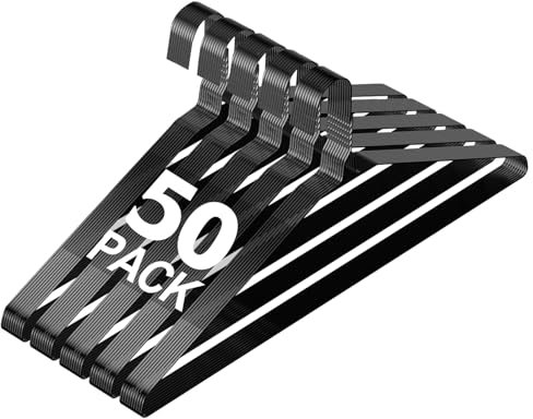 SPECILITE Lot de 50 cintres en fil métallique en vrac pour manteaux, cintres en métal peu encombrants, sans rainures, 40,6 cm de calibre 12, ultra fins pour costumes, chemises, pantalons, jupes - Noir