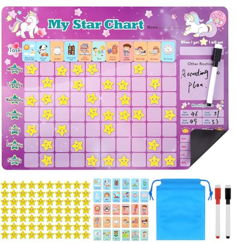 Kaisibum Belohnungstafel Kinder ab 3, Belohnungssystem Kinder Wochenplaner Kinder inkl. 30 Magnet-Aufgaben Und 70 Sterne, Tagesplaner Kinder Routine mit 2 Stift und Tasche