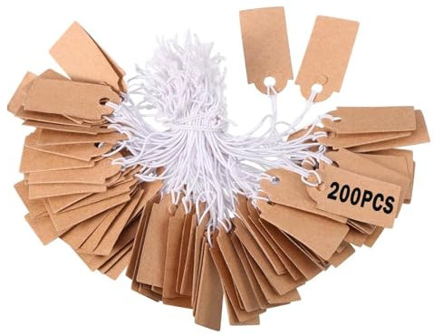 MAYOKIAAR 200 Stück Kraftpapier Geschenkanhänger 15x25mm mit Kordel, Preisschilder Anhänger, Preisetiketten Schmuck mit Schnur,Für Weihnachten und Hochzeit, Perfekt für Geschenke und DIY-Projekte