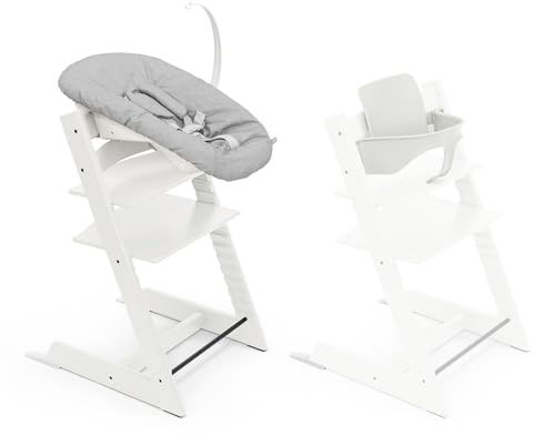 Trona Tripp Trapp de Stokke, White (Incluye Silla + Baby Set 2) con Newborn Set (Grey) - Diseño Seguro, Ajustable y Ergonómico