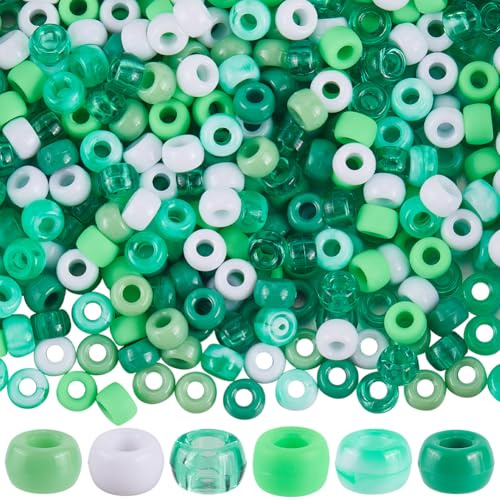 SUNNYCLUE 1 Caja de 600 Cuentas de Poni Verdes de 9mm, Mezcla A Granel, Blancas, Planas, Redondas, de Plástico, con Resorte, Espaciador Suelto para Hacer Joyas, Accesorios Hechos A Mano, Manualidades