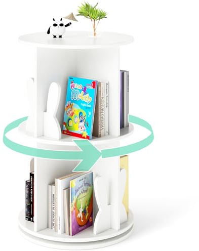 GOPLUS Estantería Giratoria, Linda Librería Infantil de 2 Niveles con Sujetalibros de Conejo/Oso y 8 Compartimentos, Estante de Libros de Piso de 65 cm Giratorio de 360° para Habitación (Blanco)