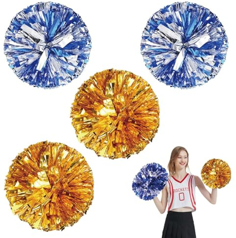 DXPETA 4 Pieces Pom Poms Cheerleading, Metal Foil Cheer Ball Set, Bright Metallic, Cheerleading Pom Poms with Finger-friendly Ring, for Kids Adults School Dance Sports Team Spirit Cheering