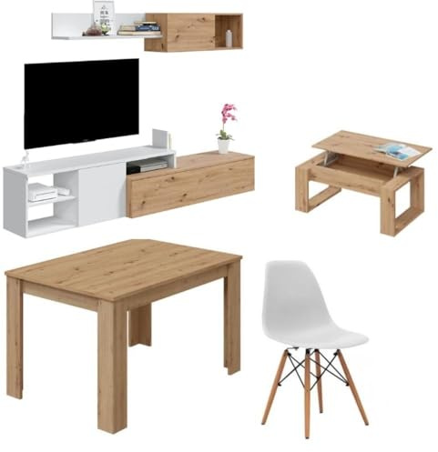 Mobelcenter, Conjunto Salón Julia Nodi, Incluye Mueble y Mesa de Salón, Mesa de Centro y 4 Sillas, Acabado Color Blanco Artik, Roble Nodi y Blanco (P0049)